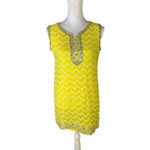 Yellow Sleeveless Tunic Top With Beaded Appliqué & Chevron Print Chiffon Shell L